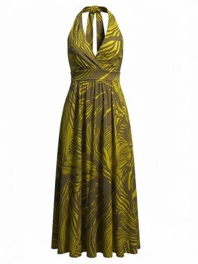 Banana Republic Olive and Chartreuse Halter Backless Maxi Dress